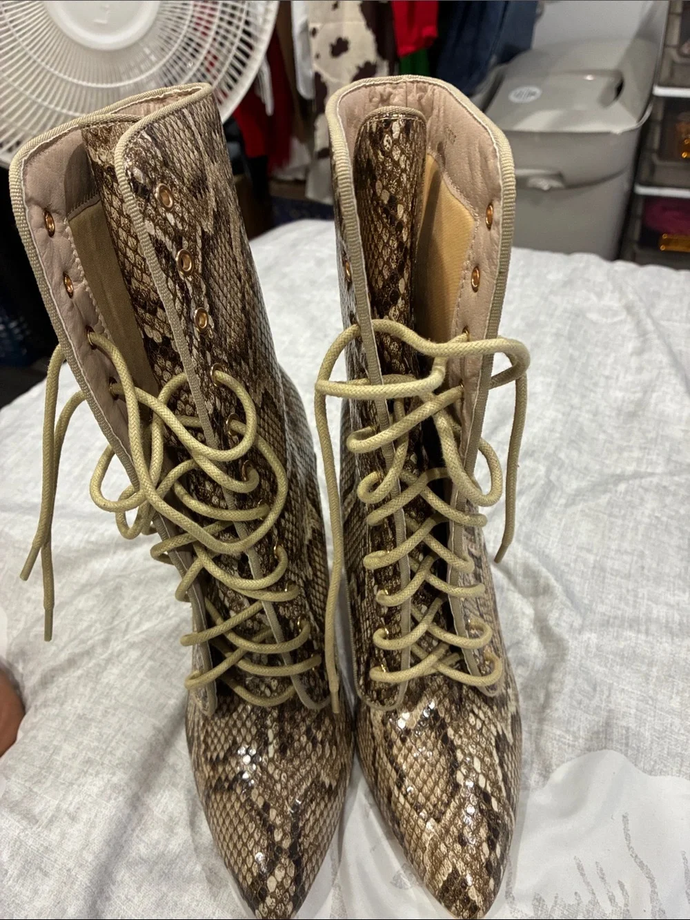 Snake-Print Lace-Up Block Heel Boots in Brown
